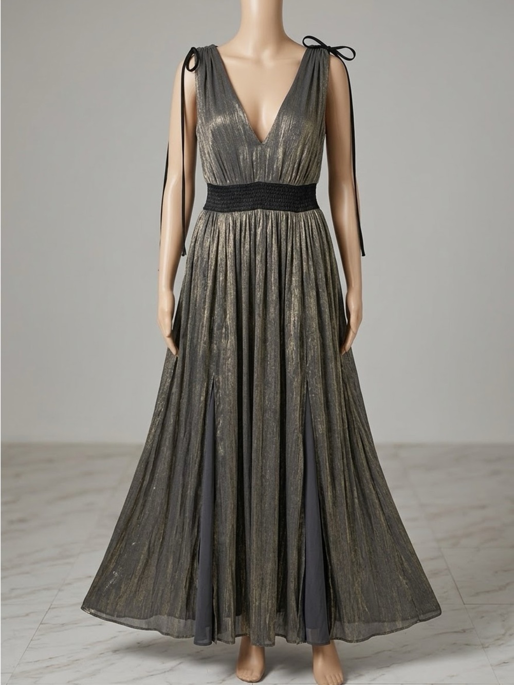 Pinch Metallic V-Neck Maxi Dress in Black and Gold